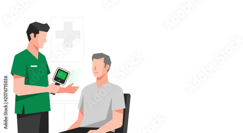 Doctor uses handheld AI diagnostic tool to examine patient in modern clinic, healthcare technology concept