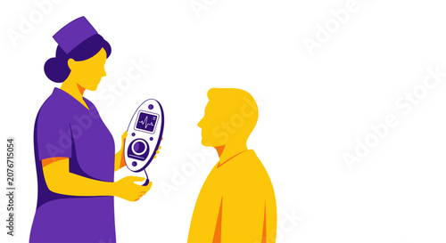Nurse uses advanced handheld AI diagnostic tool for patient examination in a modern clinic setting