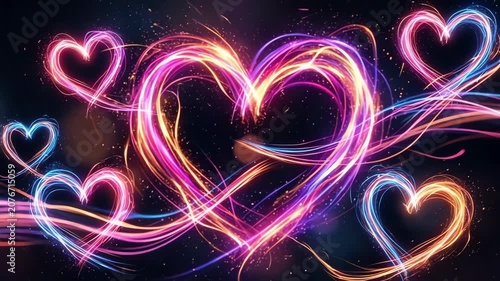 Colorful heart-shaped light trails swirling in a dark background, creating a romantic atmosphere