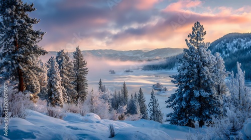 Winter season landscape with snow covered pine forest frozen lake soft sunrise glow mist drifting across mountains crisp atmosphere balanced exposure high detail nature background