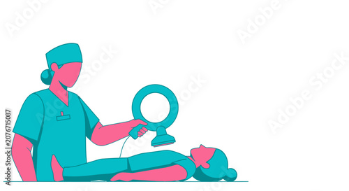 Doctor using handheld AI diagnostic tool on patient in clinic, advanced medical technology for healthcare and diagnosis