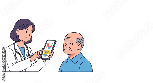Doctor using handheld AI diagnostic tool to explain results to elderly male patient in clinic