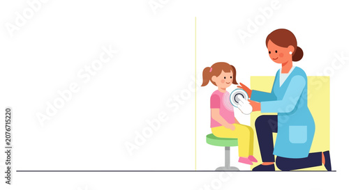 Doctor uses handheld AI diagnostic tool on child patient in clinic, modern healthcare technology concept