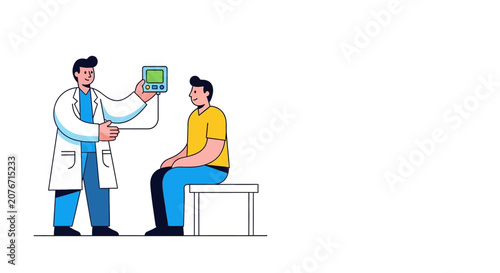 Doctor using handheld AI diagnostic tool to examine patient in modern clinic, medical technology concept