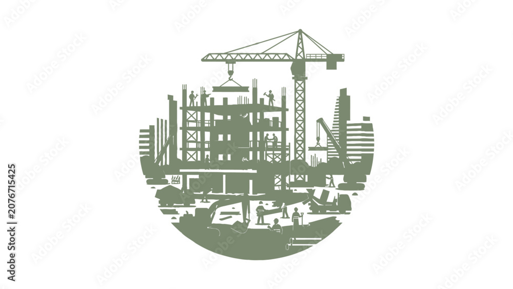 Obraz premium Construction Site Silhouette with Cranes and Buildings