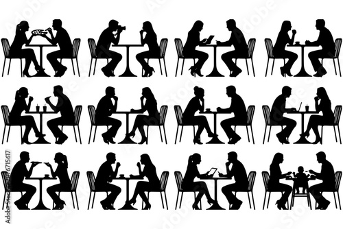 People Sitting at Cafe Tables Silhouette Vector concept