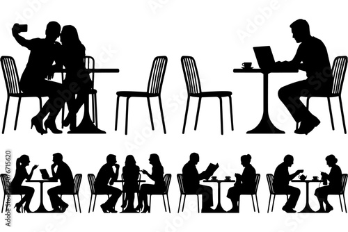 People Sitting at Cafe Tables Silhouette Vector Illustration