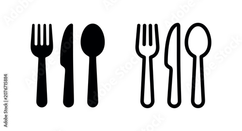 Fotografía Cutlery set icon, featuring a fork, knife, and spoon for dining, in solid and outline styles