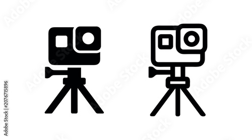 Action camera on tripod icon, for sports, adventure, and outdoor video recording, solid and outline.