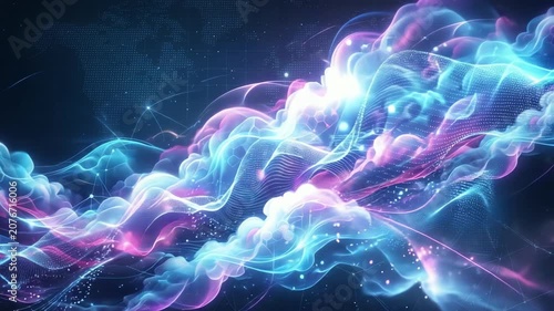 Vibrant abstract waves of color and light flowing through a digital landscape with stars