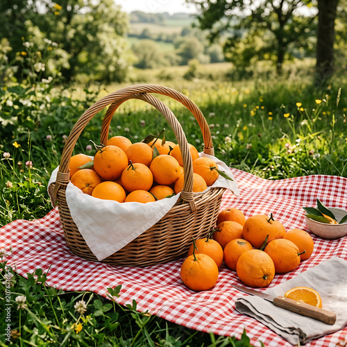 photograph of a group of oranges in a basket with a white cloth under them. Some of the oranges are spilled out onto a picnic blanket