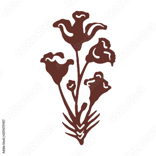 Hand drawn folk art floral greeting card motif silhouette. Flat isolated on white background vector illustration. Botanical scandi summer nature design element. Quirky flower block print sticker