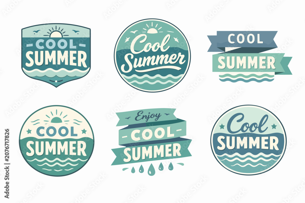 Obraz premium Cool summer badges and emblems set combining waves, sun, and typography for travel and beach vacation designs