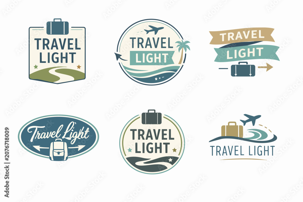 Obraz premium Collection of travel light logos and emblems with travel elements, depicting easy and flexible journey concepts
