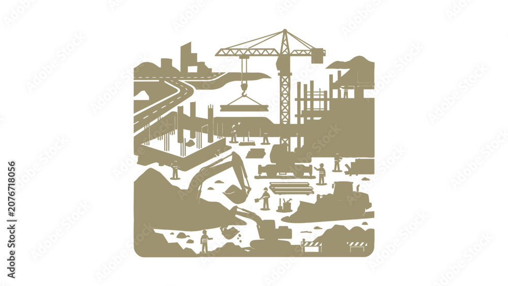 Obraz premium Construction Site Scene with Crane Excavator Workers and Buildings