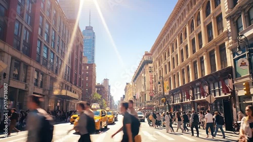 Bustling new york city street scene with yellow cabs and pedestrians under bright sun.
