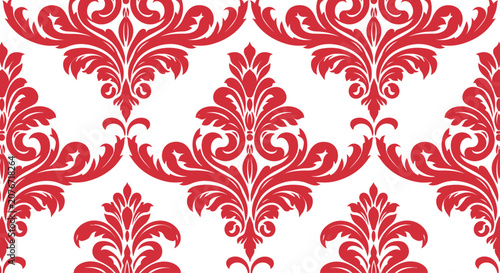 Tableau sur toile Seamless red damask pattern with ornamental floral elements on white background