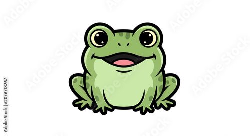 Cuadro en lienzo A cute, happy cartoon frog with big eyes smiles.