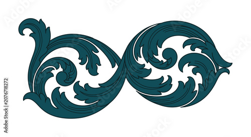 Vászonkép Elegant teal ornamental scrollwork with a vintage flourish on a white background