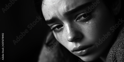 INTENSE CLOSE-UP PORTRAIT OF A CRYING YOUNG WOMAN, TEARS STREAMING DOWN HER FACE, DOMESTIC ABUSE AWARENESS 