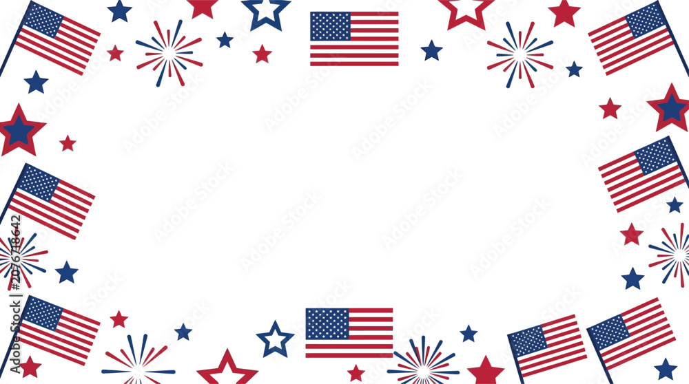 Fototapeta premium American flag border with stars and fireworks festive design element for patriotic holidays and celebrations isolated on white background