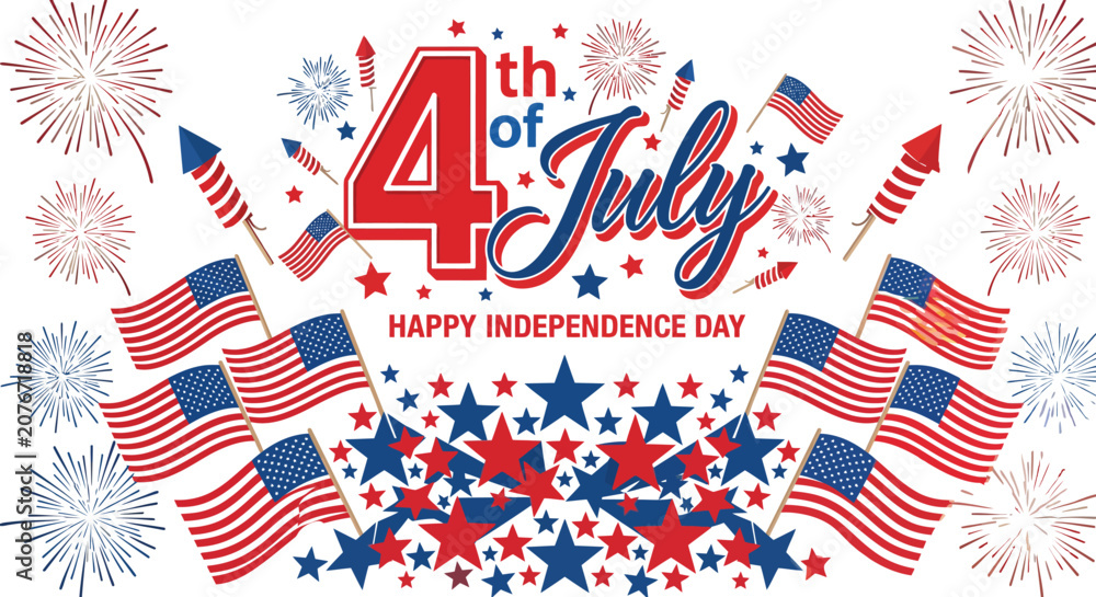 Fototapeta premium 4th of July celebration with American flags fireworks and stars happy independence day graphic for patriotic events and holidays