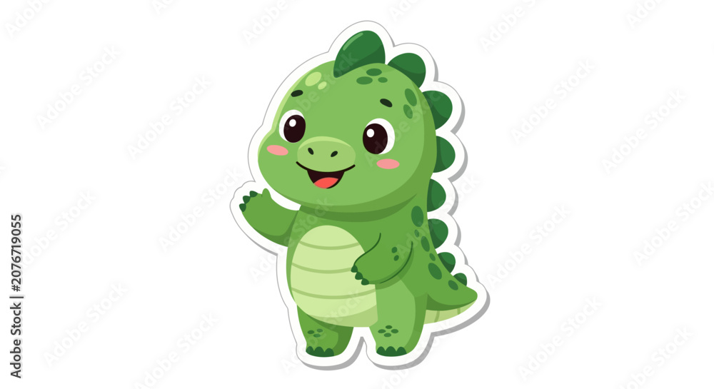 Fototapeta premium Cute cartoon green dinosaur waving hello, isolated on white background