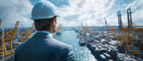 Visionary in the Port: A construction supervisor in a hard hat surveys a vast, bustling container port, symbolizing global trade and industrial might.