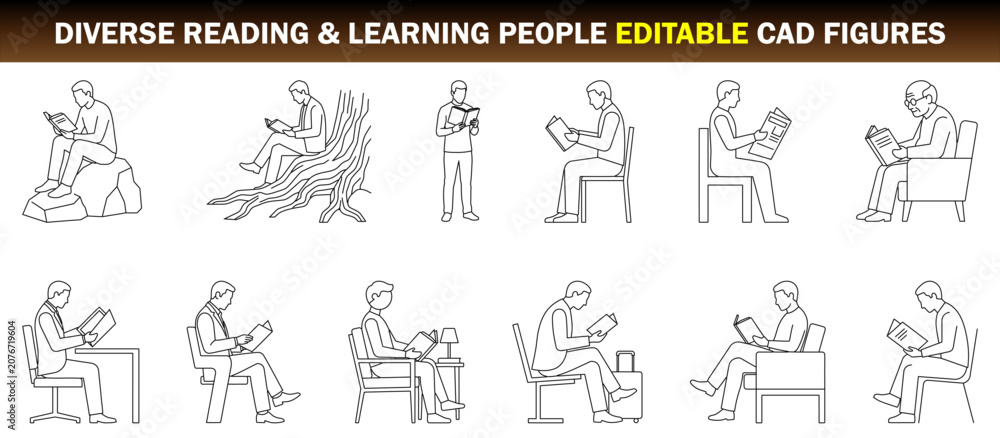 Obraz premium Diverse Reading and Learning People Editable CAD Figures Collection Students, Readers, Library, Study, Books and Education – CAD Block Set Side Elevation, Clean Thin Line Architectural Style