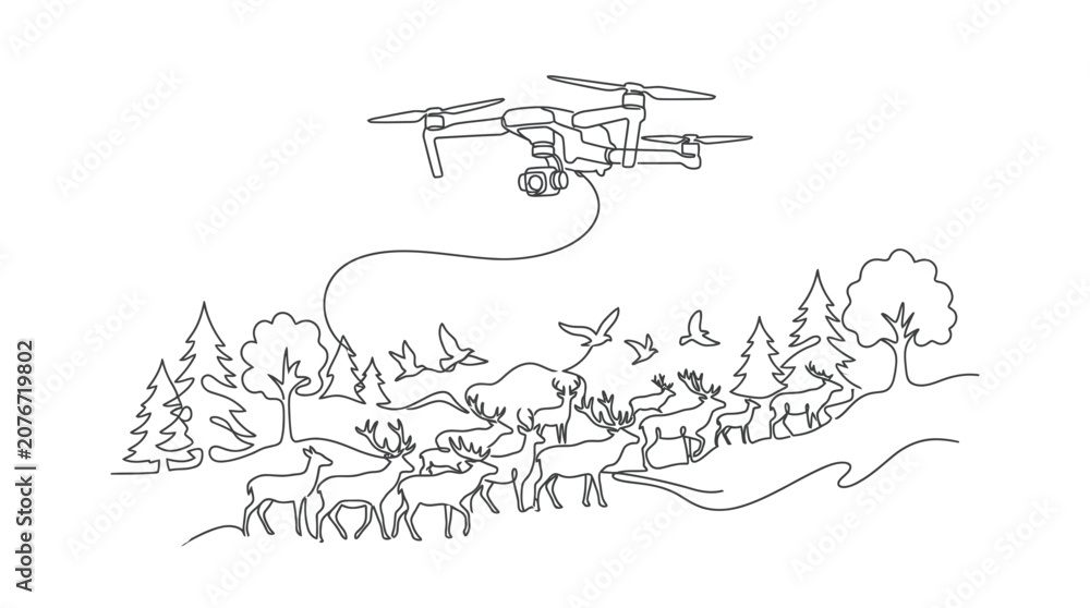 Naklejka premium Continuous Line Art Drone Hovering Over Herd of Deer and Wildlife in Forest Landscape