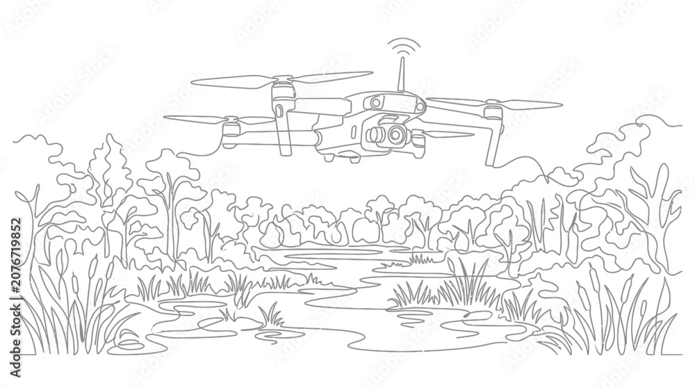 Fototapeta premium Drone flying over a forest river, line art illustration of aerial technology in nature