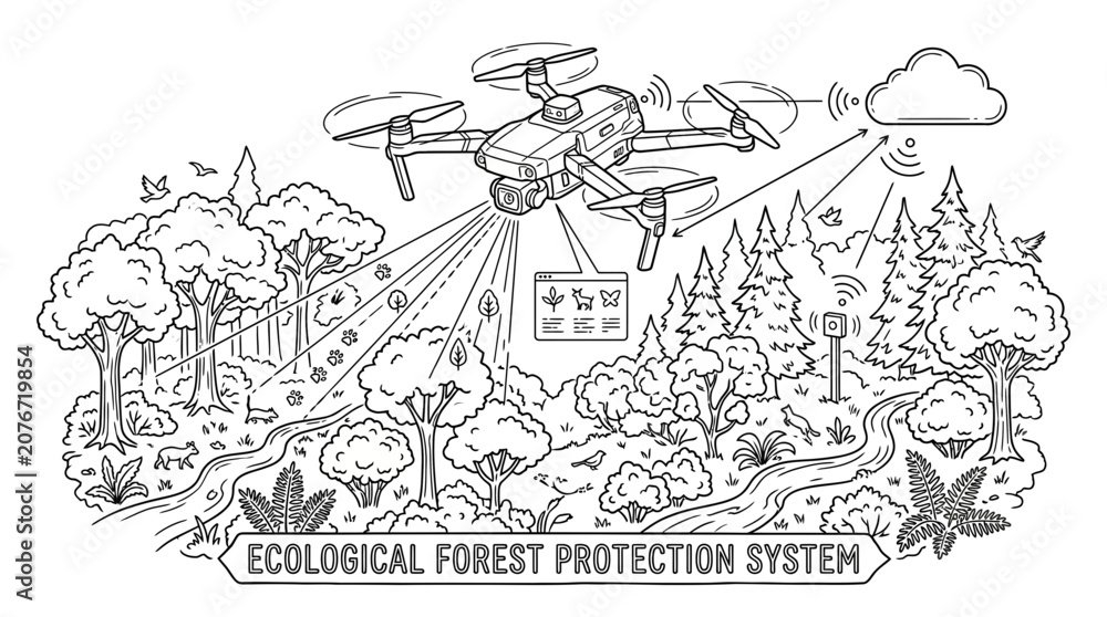 Obraz premium Drone ecological forest protection system monitoring trees, wildlife, and environment.