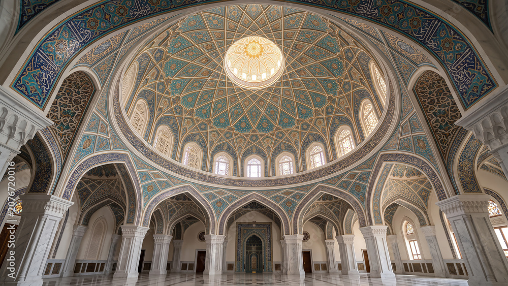 Obraz premium Elegant Islamic ceiling dome showcasing intricate geometric artwork, decorative arches, and harmonious architectural symmetry. A breathtaking example of classical Islamic interior design.