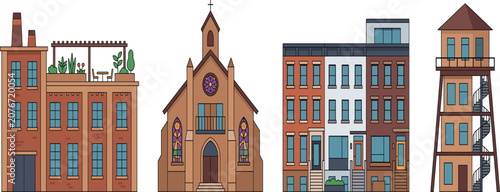 Foto Set of city architecture icons including brick building church brownstones and w
