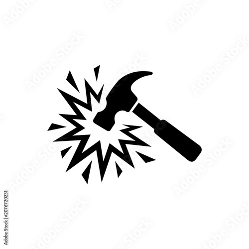 Εκτύπωση καμβά Powerful hammer strike silhouette icon with jagged starburst impact lines symbol