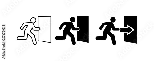 Принти на полотні Emergency Exit Running Doorway Icons Set, Black White Arrow Direction Safety Sig