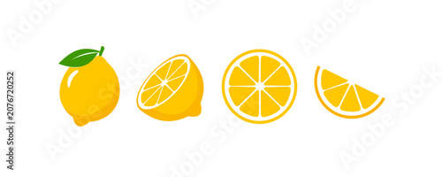 Tableau sur toile Minimalist lemon fruit icon set showing whole, half, cross-section, and wedge sl