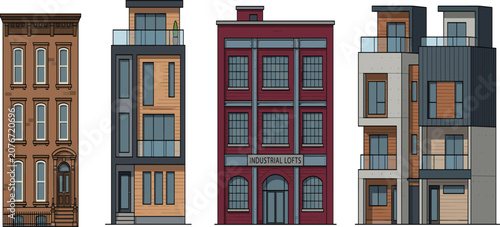 Foto Set of modern and historic apartment buildings and industrial lofts for architec