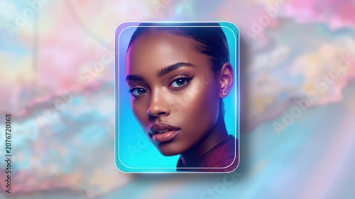 Portrait of a young woman with striking features and a vibrant pastel colored background looking directly at the camera with a subtle expression set against a blurred dreamy