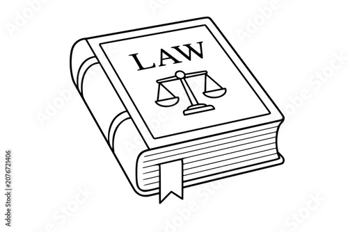 Hand-traced law book vector icon illustration with justice scales, bookmark and thick legal textbook pages, clean black outline style for court, attorney, study, education and legal reference designs