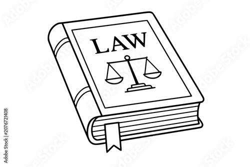 Law book vector icon, crisp outline illustration of legal textbook with scales of justice, bookmark and page lines for attorney office, court study, legislation, education and rights design
