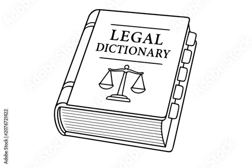 Legal dictionary book with scales of justice, tabbed reference pages and bold law lettering, clean black outline vector icon illustration for attorneys, courts, paralegal education and legal research