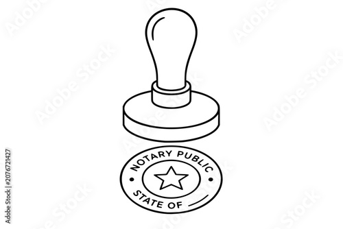 Notary public stamp with rounded handle and circular state seal, star emblem and official wording, clean line vector icon illustration for authentication, certification and legal service design