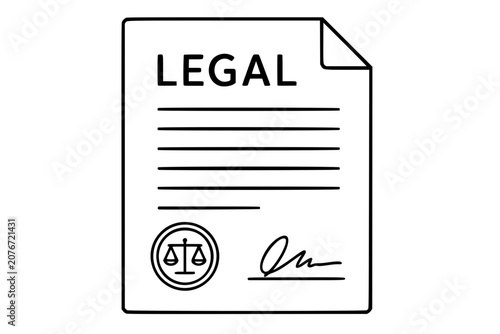 Legal document page with folded corner, signature line, seal and scales emblem, minimalist black outline vector icon illustration for contracts, agreements, court filings and notarized paperwork