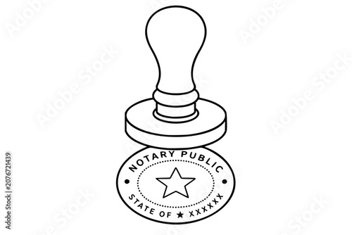 Classic notary public stamp and oval seal with star, dotted border and state text, hand-drawn black outline vector icon illustration for documents, licenses, affidavits and official approvals