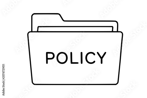 Policy folder hand-traced vector icon, clean outline illustration of office file with labeled documents, compliance records, governance paperwork, minimalist black line art for business graphics
