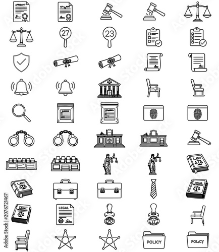Professional vector icon set and bundle featuring 17 minimalist legal and justice symbols including gavels, balance scales, courthouse, handcuffs, forensic evidence bags, affidavits, and alert bells.