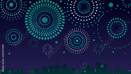 Foto Fireworks display vector illustration with a city skyline silhouette in a dark b