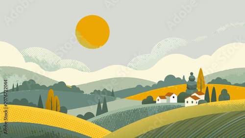 Photos Rolling hills landscape illustration with a golden sun and stylized cloud format