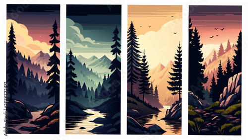 Foto Scenic mountain landscape vector illustrations depicting four vertical panels wi